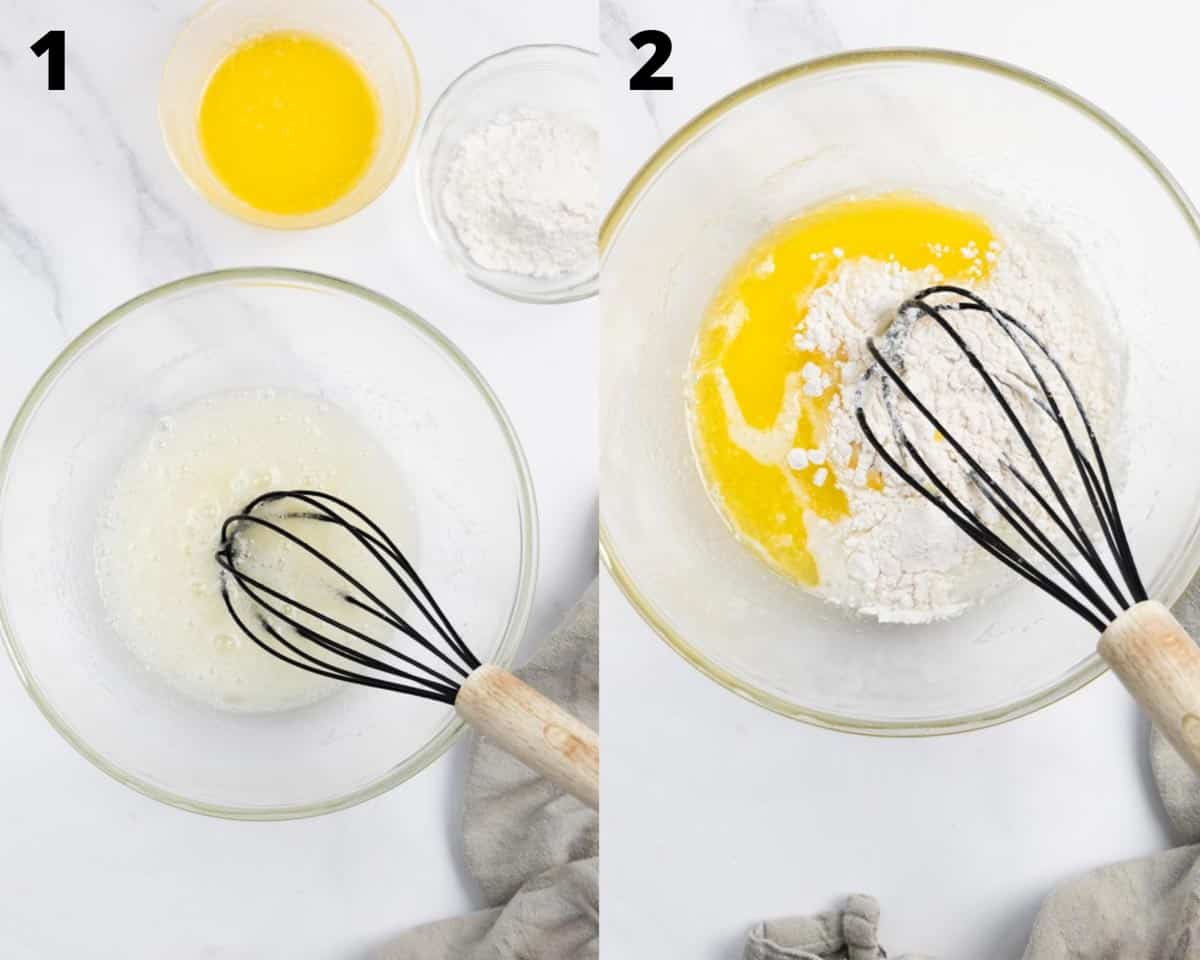 Montage of steps of french tuiles: on the left, a transparent bowl with egg whites and a whisk and 2 ramekins on the side and on the right a bowl with melted butter, flour and a whisk. 