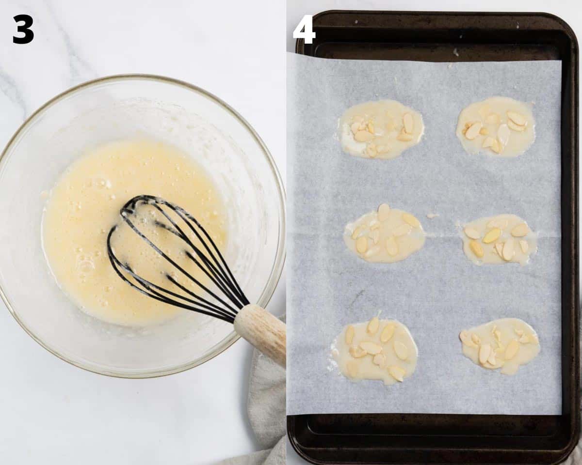 montage: on the left a batter in a transparent bowl and on the right a baking sheet on a tray with some batter and sliced almonds. 