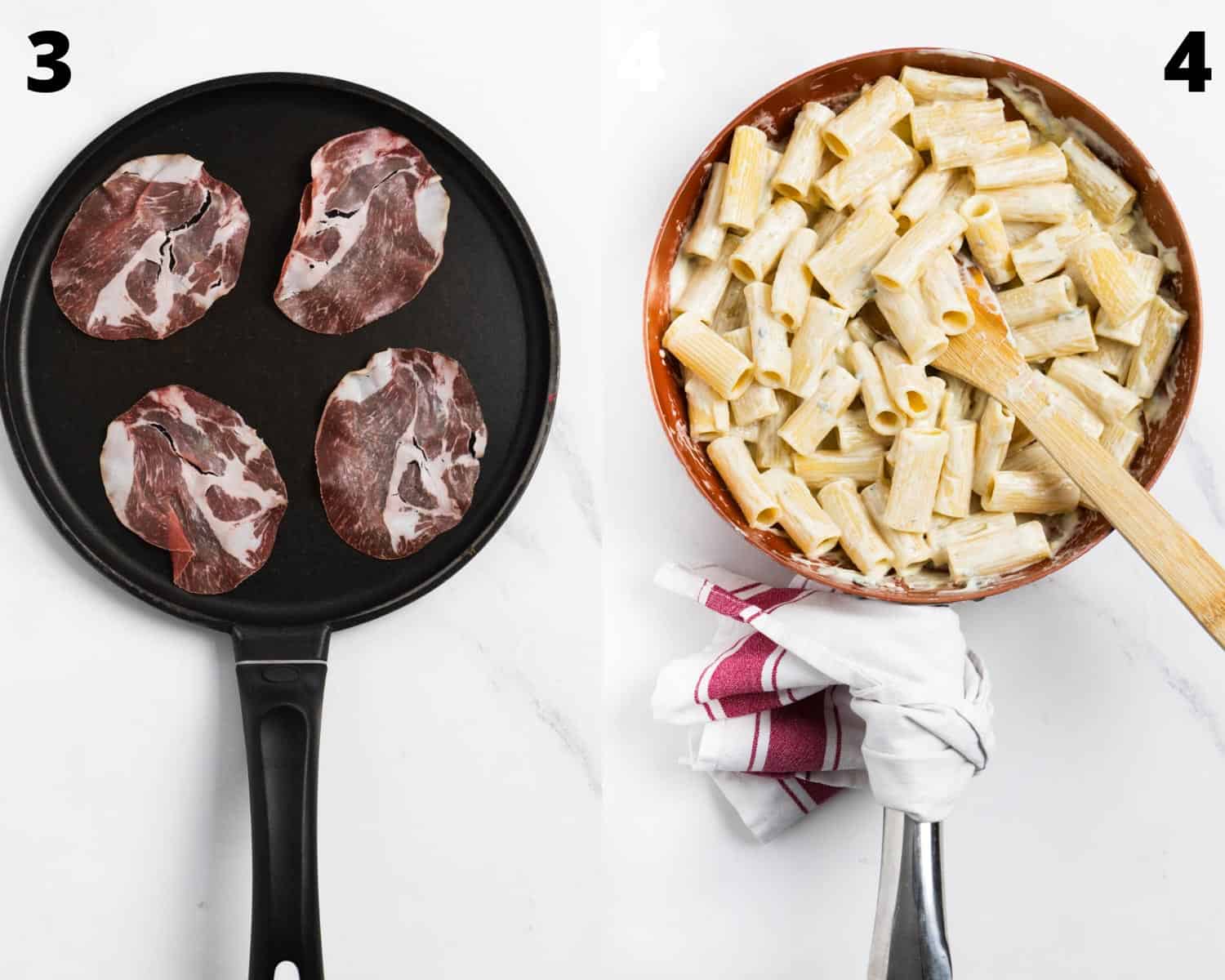 collage of 2 pictures: on the left a black pan with 4 slices of coppa and on the right pasta tossed in a creamy sauce.