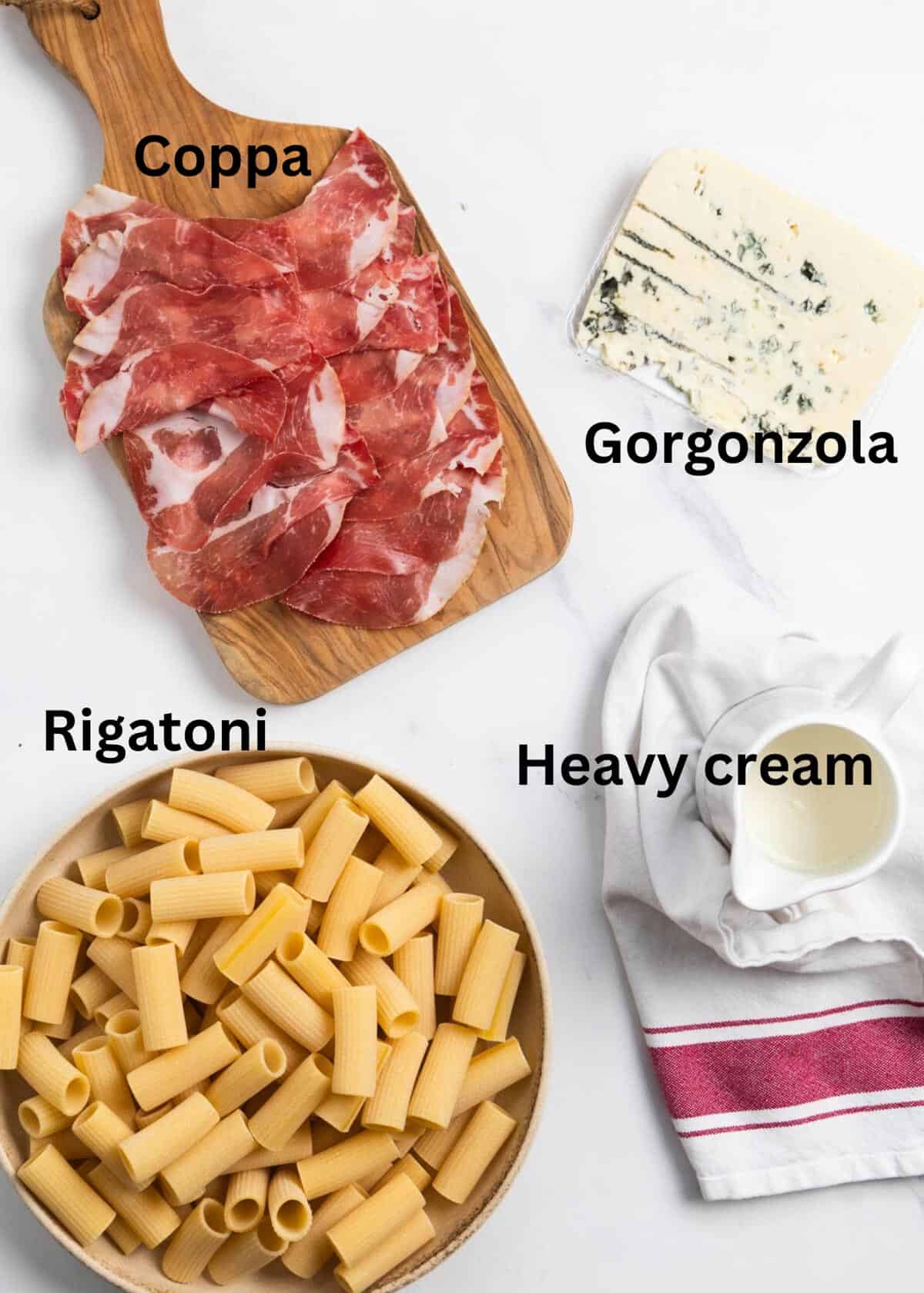 labelled ingredients on marble: rigatoni, gorgonzola, coppa and heavy cream