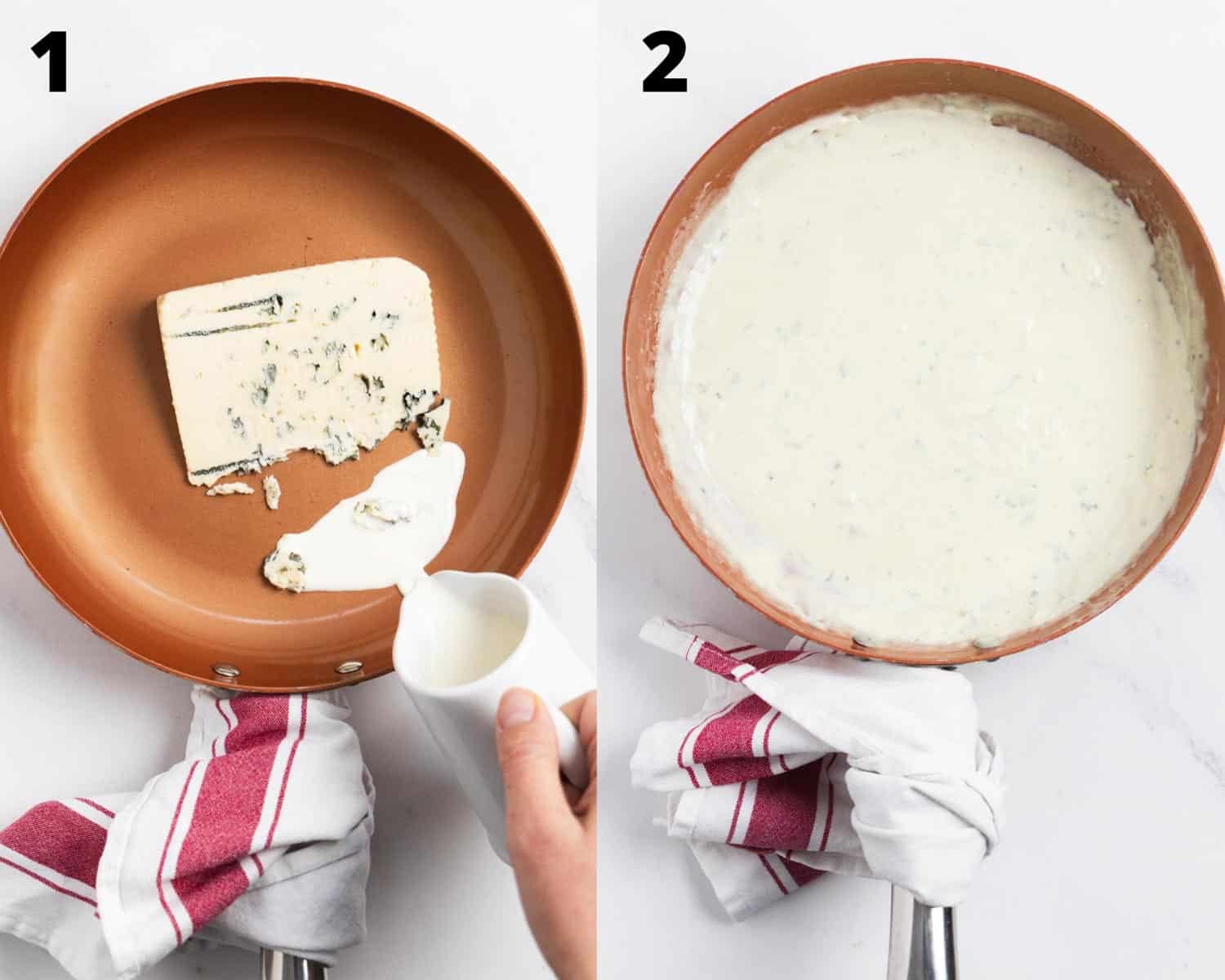 collage of 2 pictures: on the left a copper pan with a piece of gorgonzola and on the right melted creamy sauce.