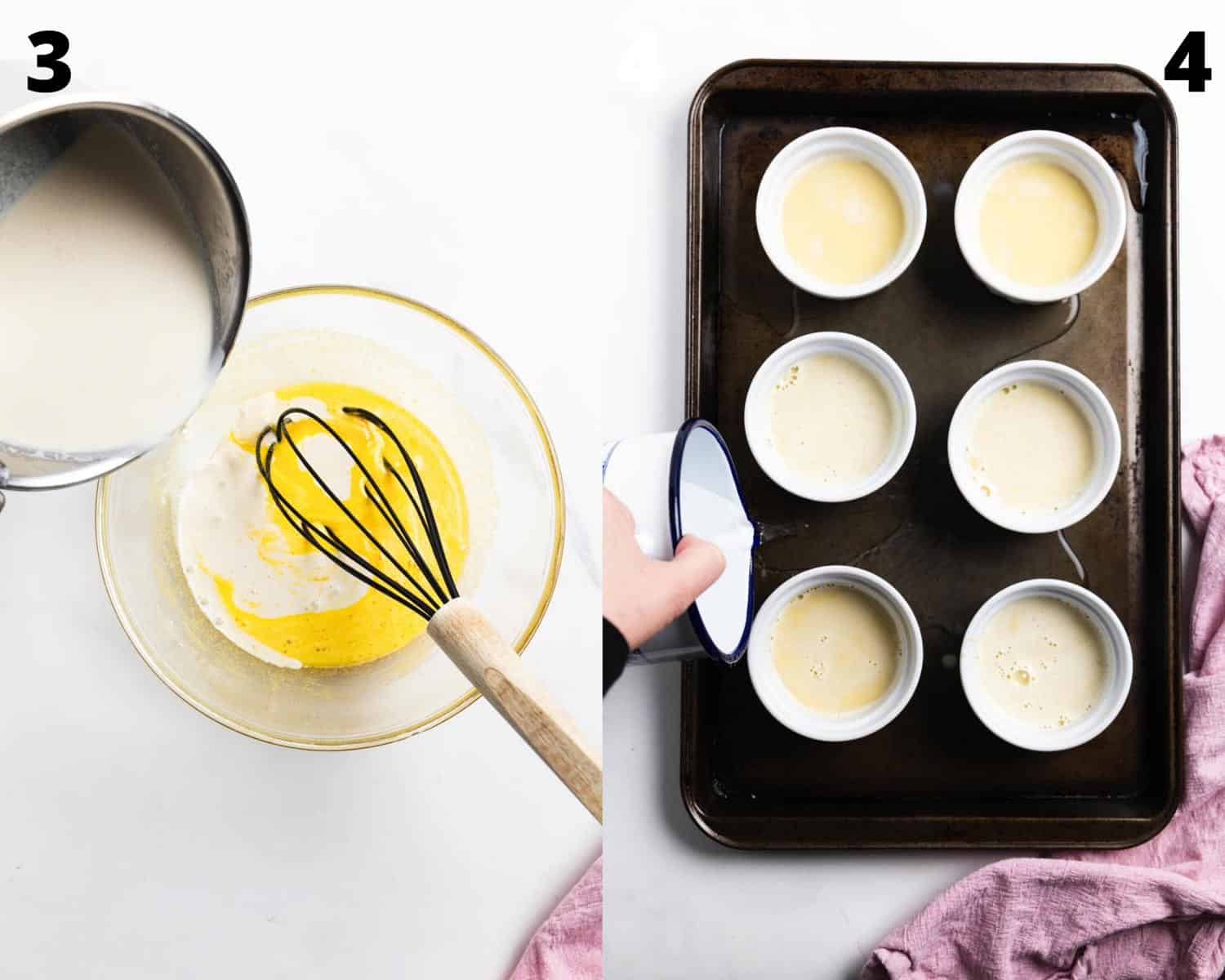 montage of a recipe steps: on the left a transparent bowl with a yellow mixture and milk being poured and on the right a baking sheet with white ramekins filled with a yellow mixture.