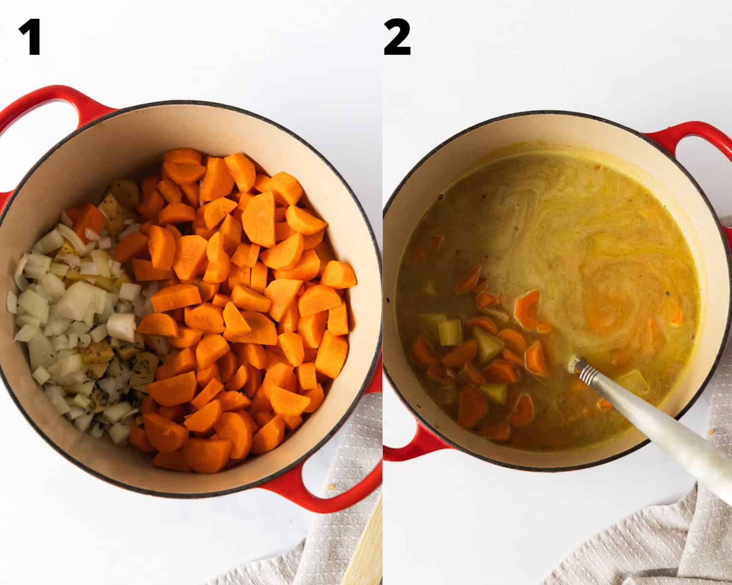 steps to make carrots soup, on the left the vegetables in a pot and in the right with the broth. 