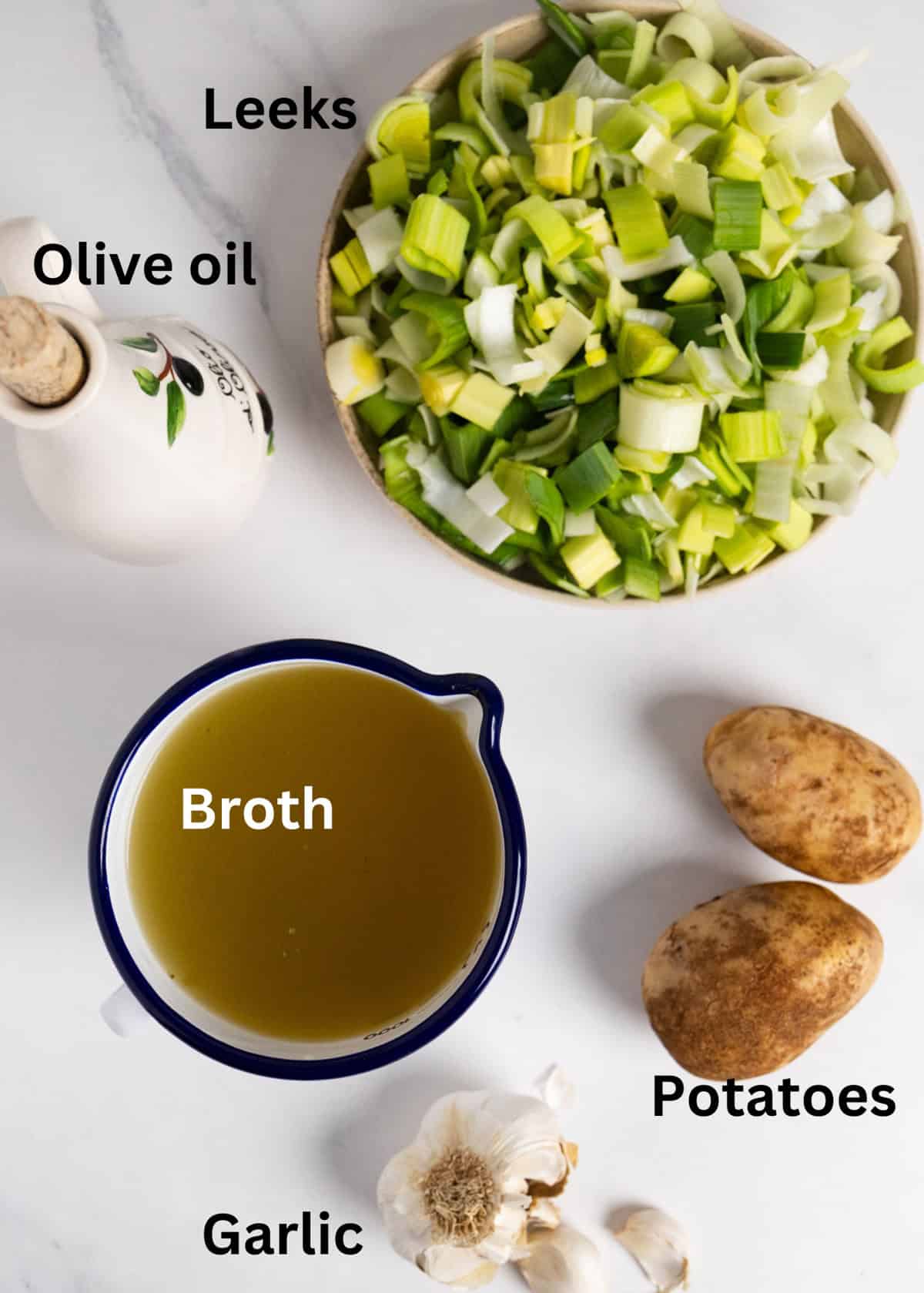 labelled ingredients: leeks, olive oil, potatoes, broth and garlic. 