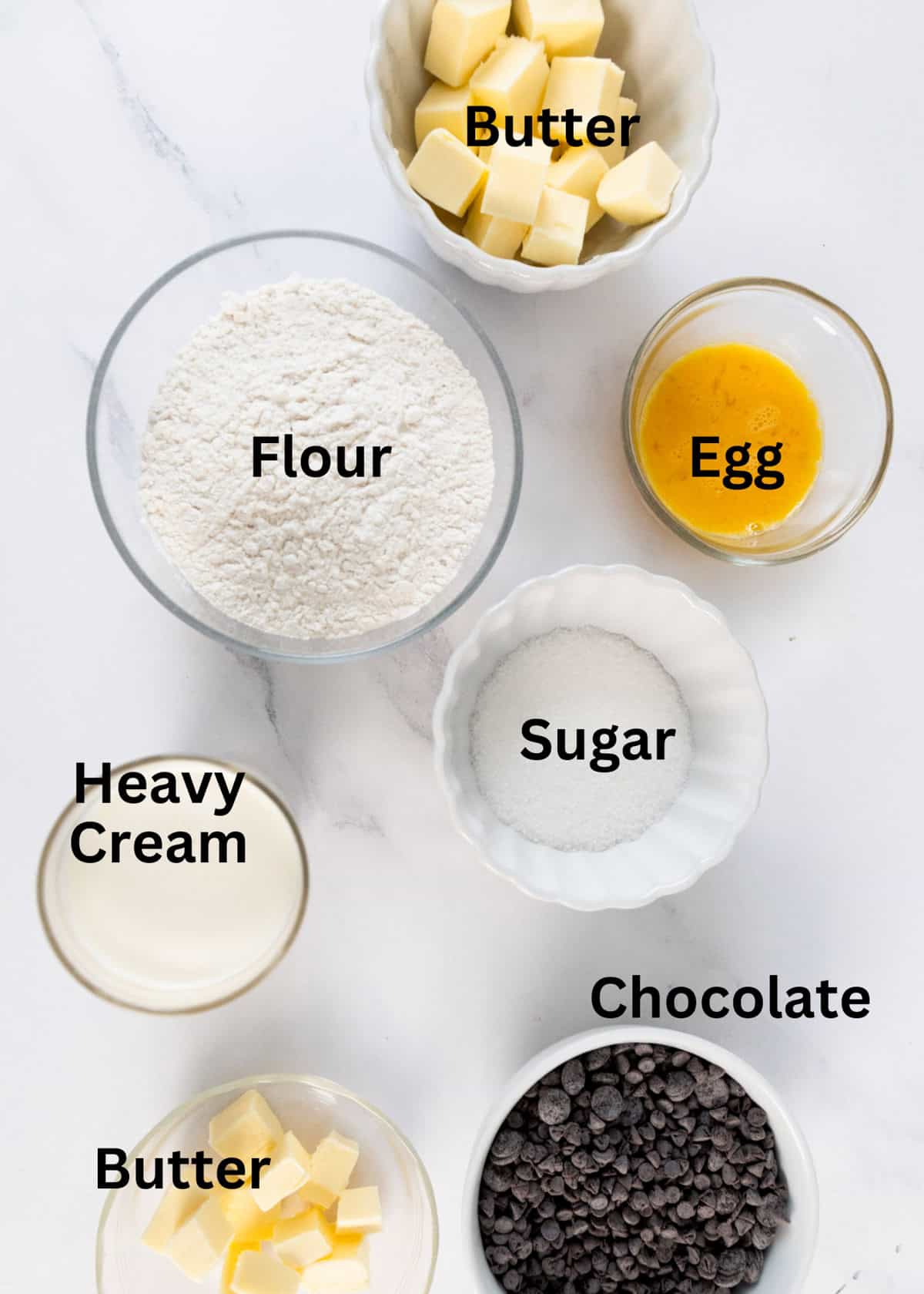 Labelled ingredients: butter, flour, egg, sugar, heavy cream, chocolate. 