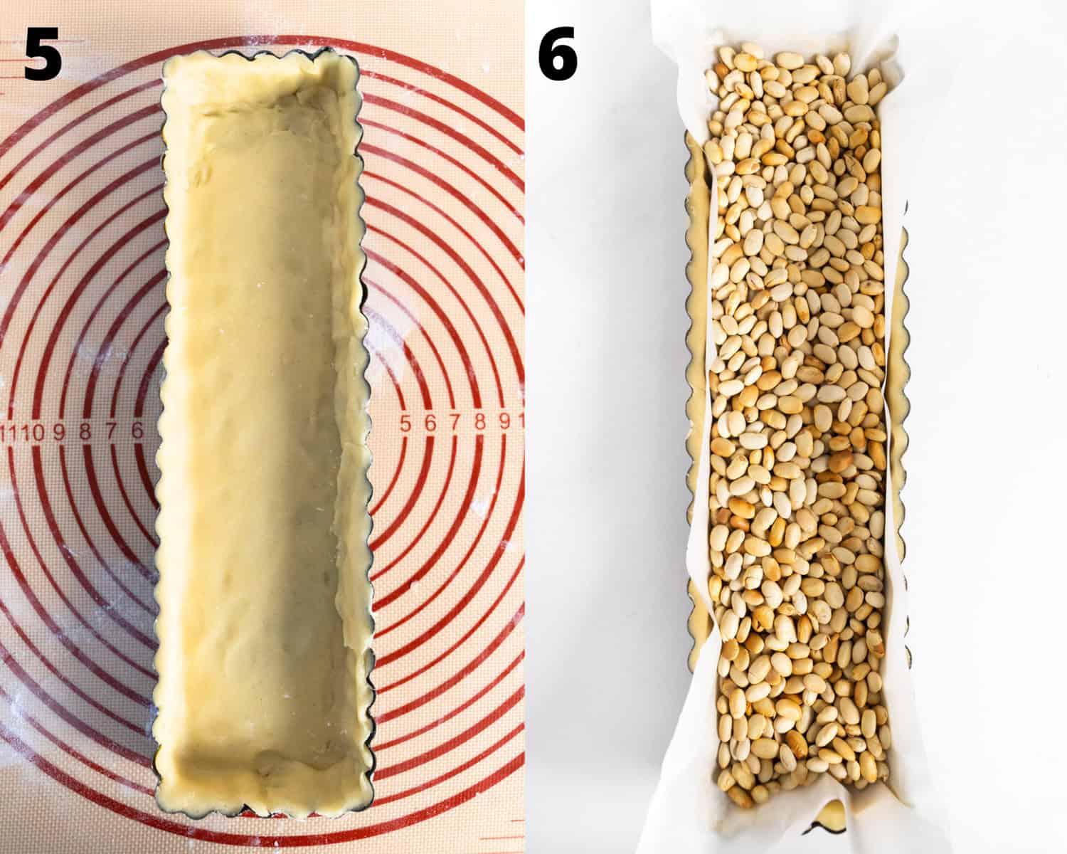Collage of 2 pictures: on the left a rectangular mold with unbaked dough and on the right beans on parchment paper. 