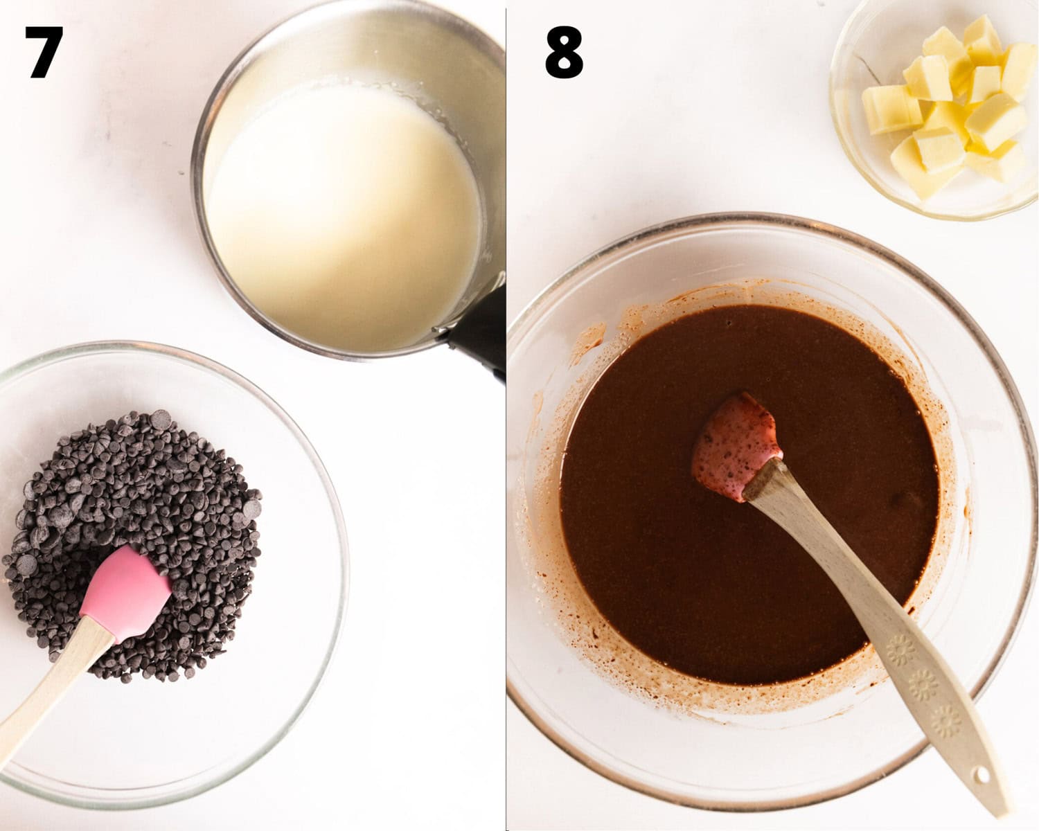 Collage of 2 pictures: on the left chocolate chips in a bowl with cream on the side and on the ride chocolate in a bowl with butter on the side. 