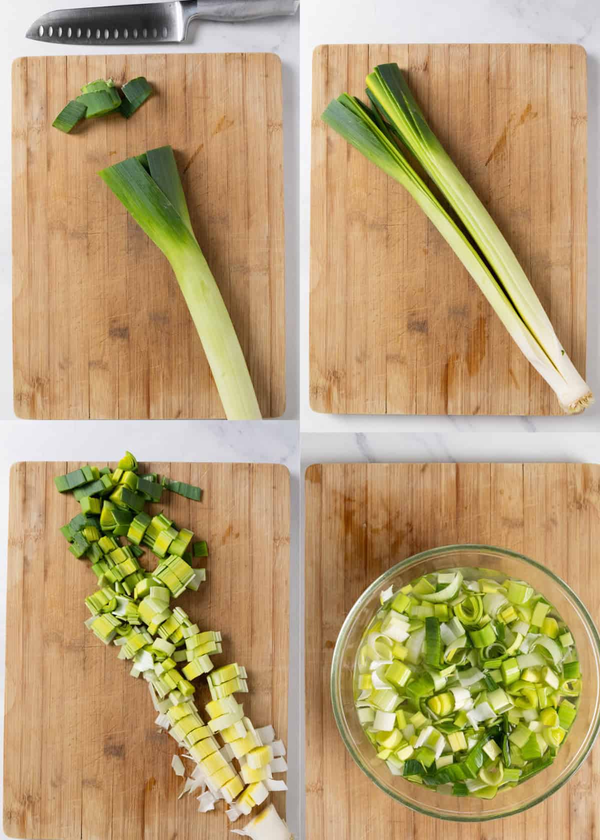 collage of 4 pictures showing the steps to clean a leek. 