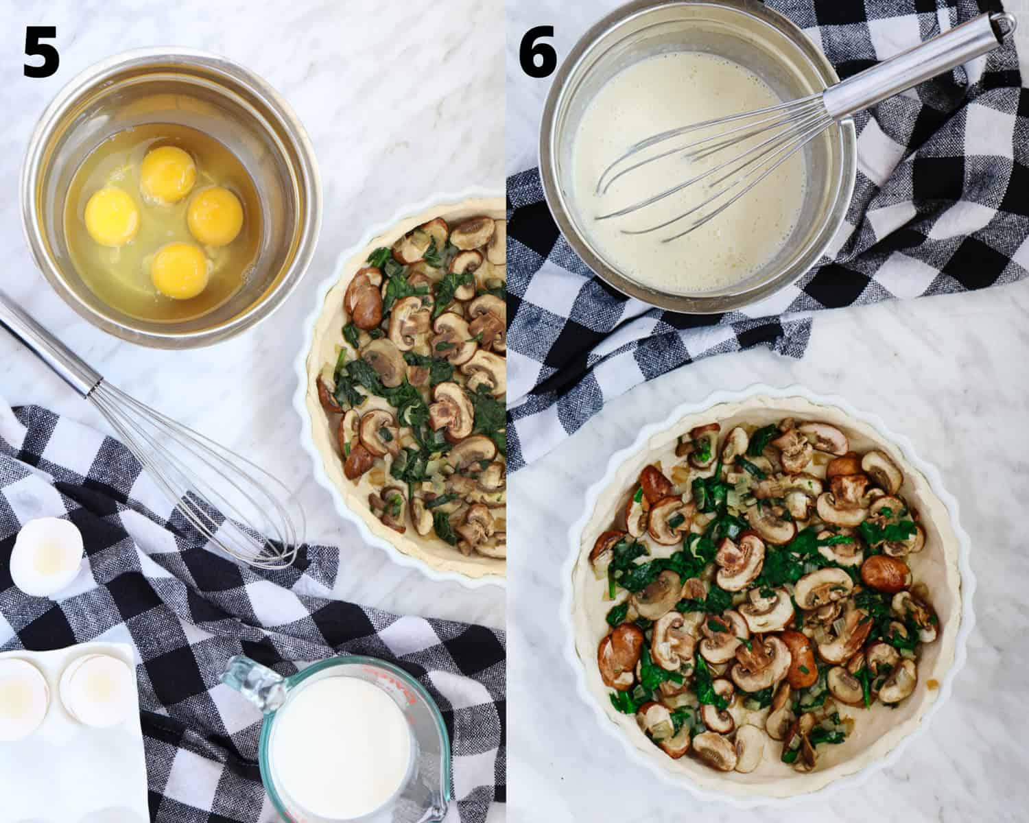 collage of 2 pictures: on the left in a mold with a crust and cooked mushrooms and spinach and on the side a mixing bowl with 4 eggs unbeaten and on the other picture the eggs are beaten and lighter. 