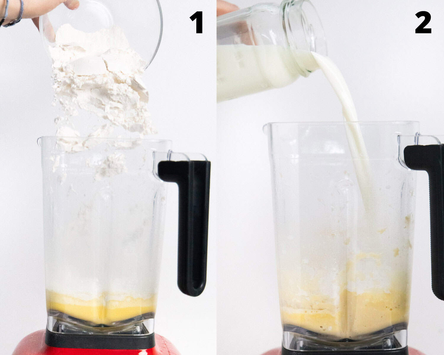 collage of 2 pictures showing the blender, on the left flour being poured and on the right milk being poured. 