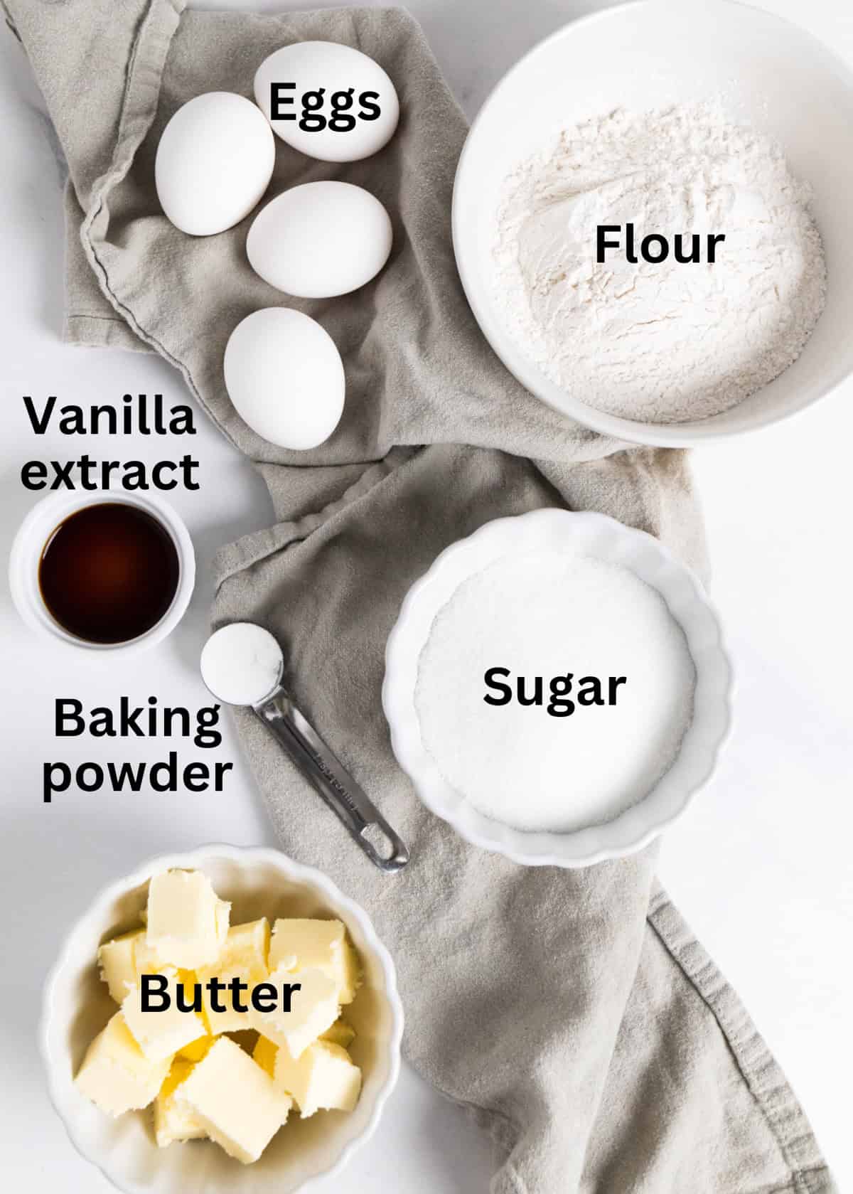 labelled ingredients: eggs, flour, vanilla extract, sugar, baking powder, butter. 