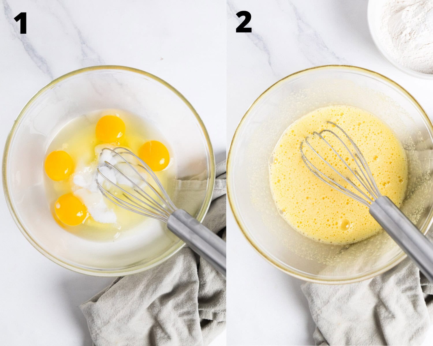 2 pictures: on the left a clear mixing bowl with eggs and sugar and on the right a yellow liquid in the bowl. 