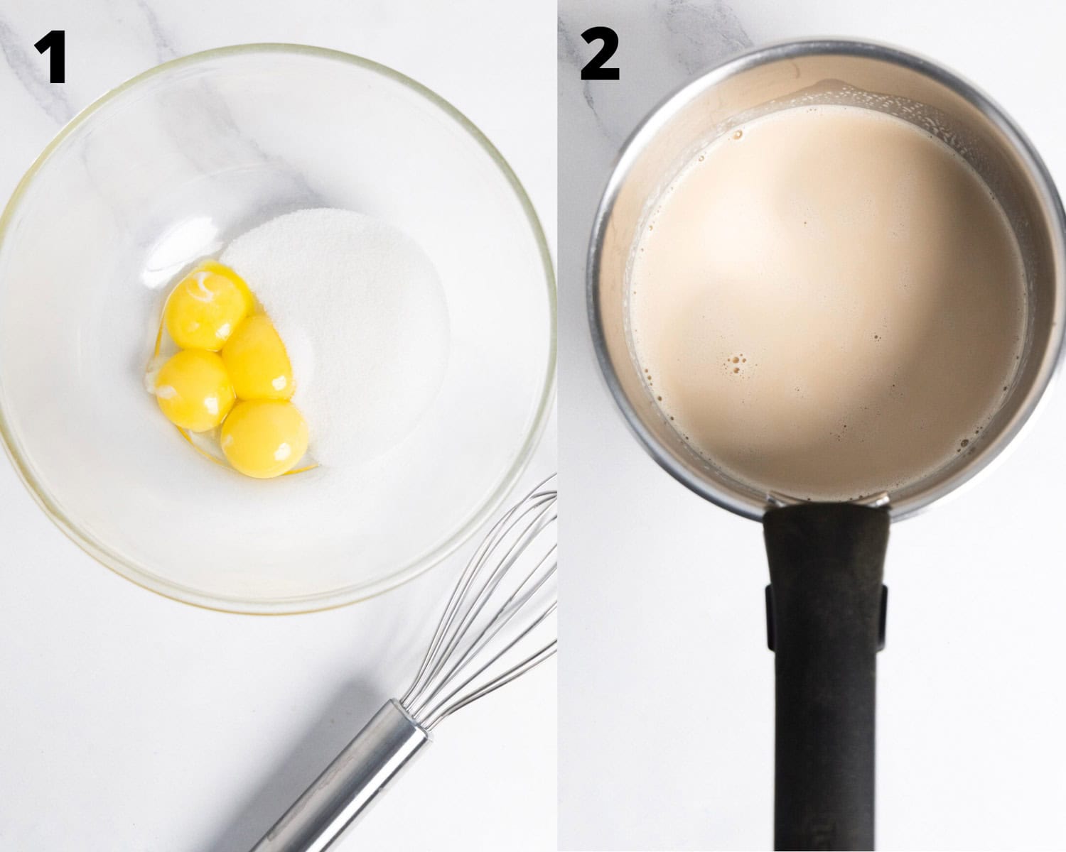 montage of 2 pictures: on the left 4 egg yolks and sugar and on the right a pot with beige milk. 