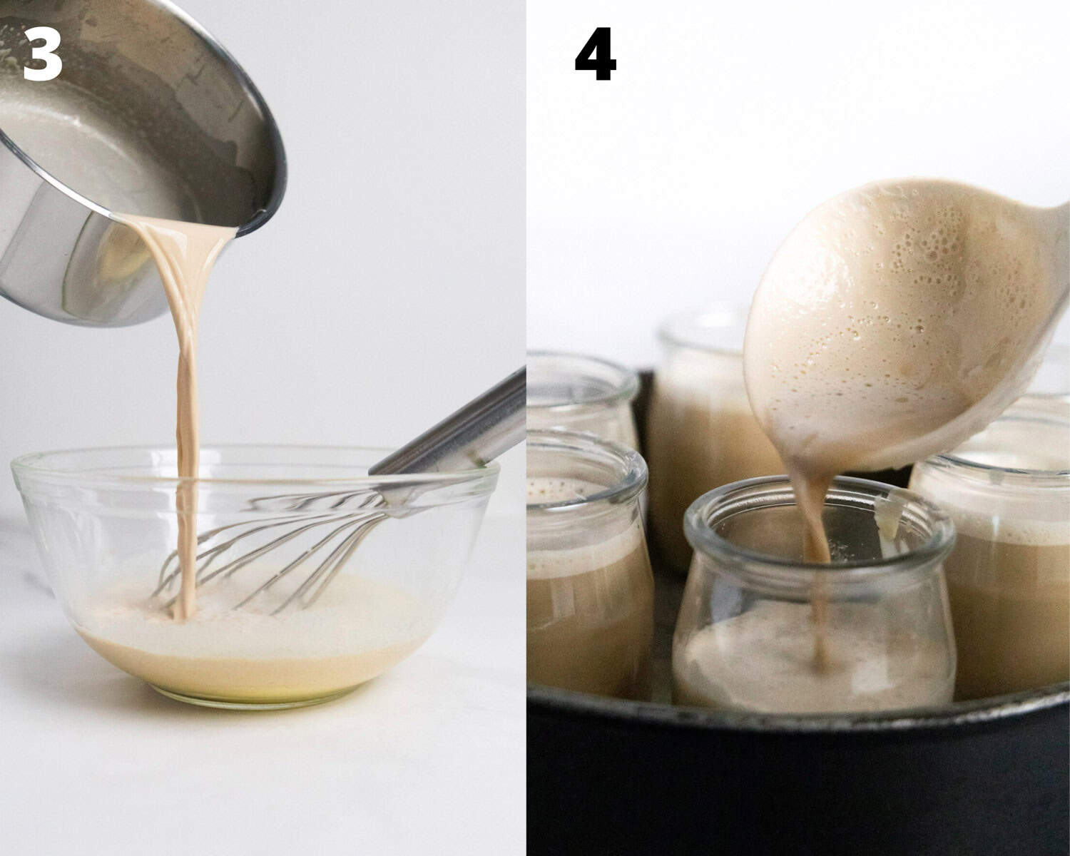 montage 2 pictures: on the left milk poured in a glass mixing bowl and on the right a ladle pouring a beige liquid in glass jars. 